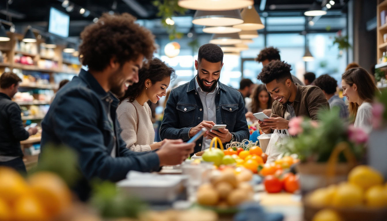 A photograph of a vibrant and engaging social media shopping scene