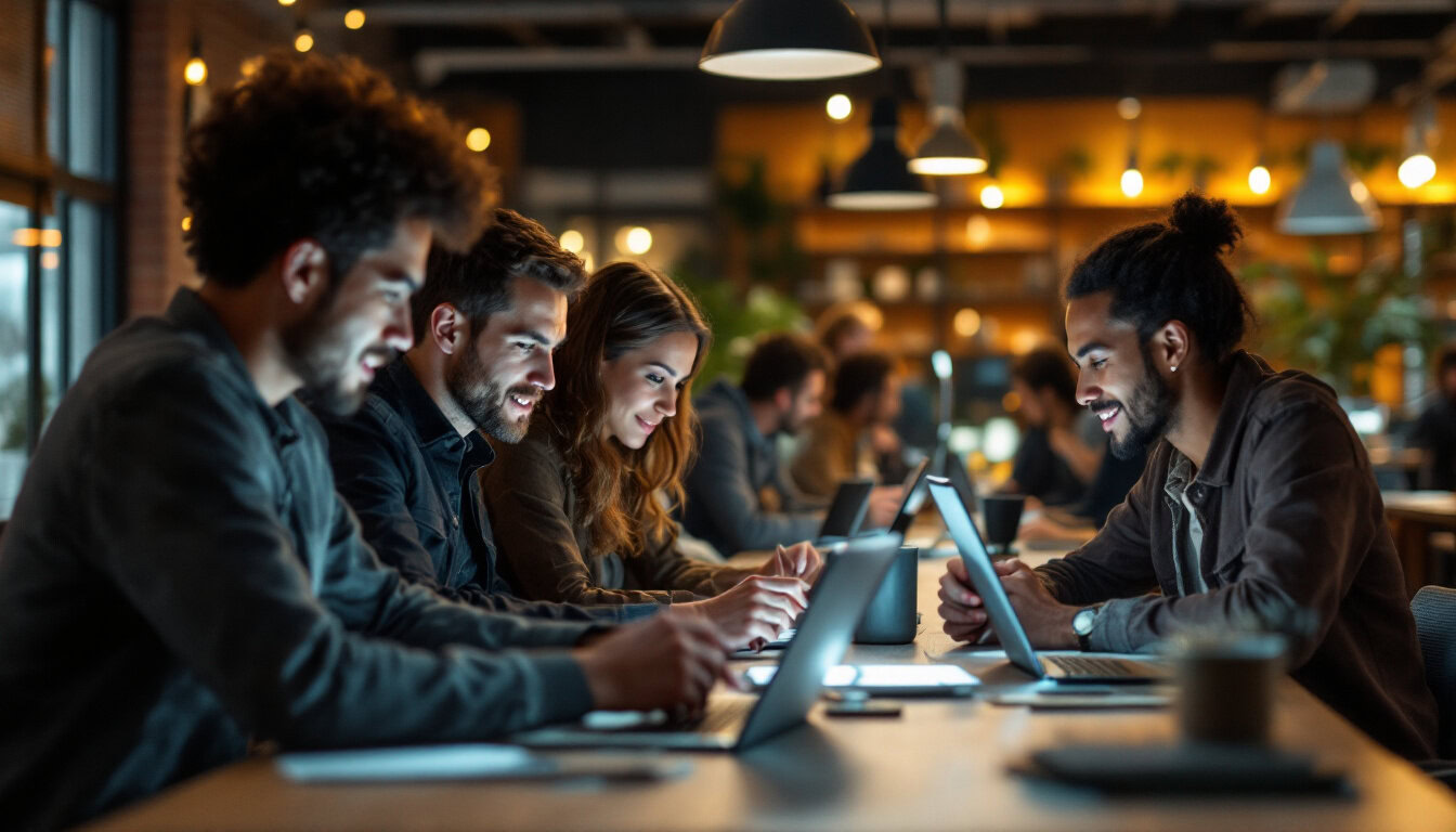 A photograph of a diverse group of people engaging with various digital devices in a modern