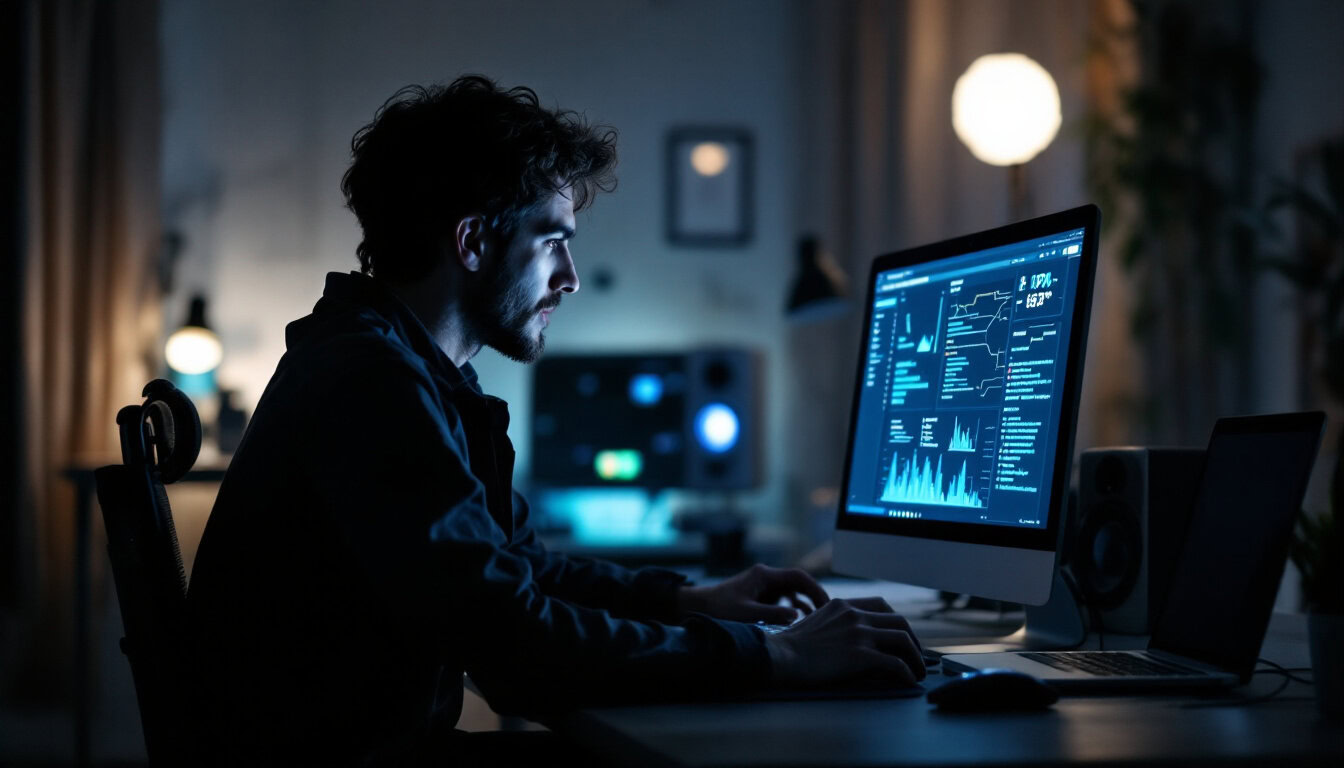 A photograph of a person sitting at a computer in a dimly lit room