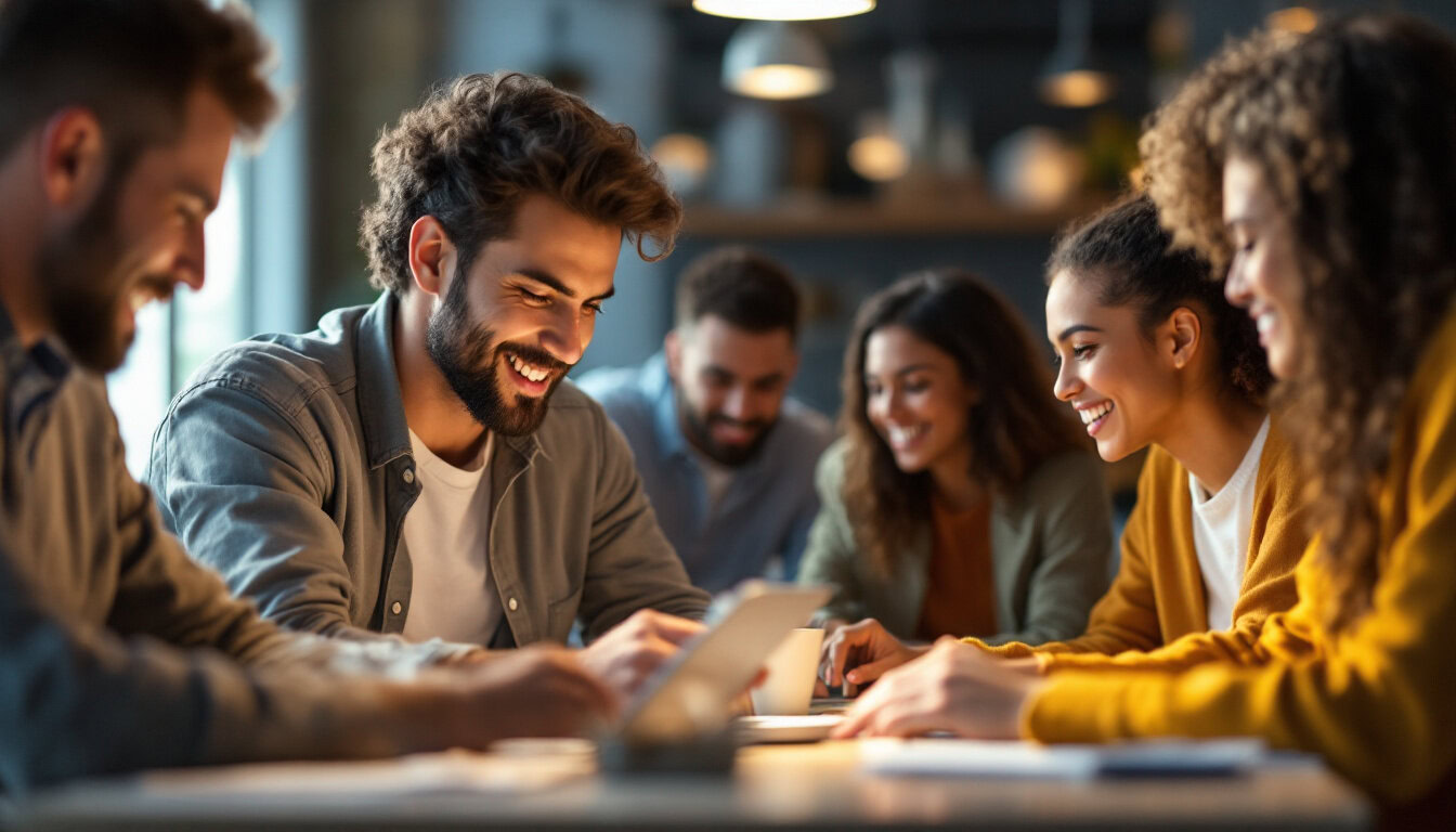 A photograph of a diverse group of customers engaging with a product or service