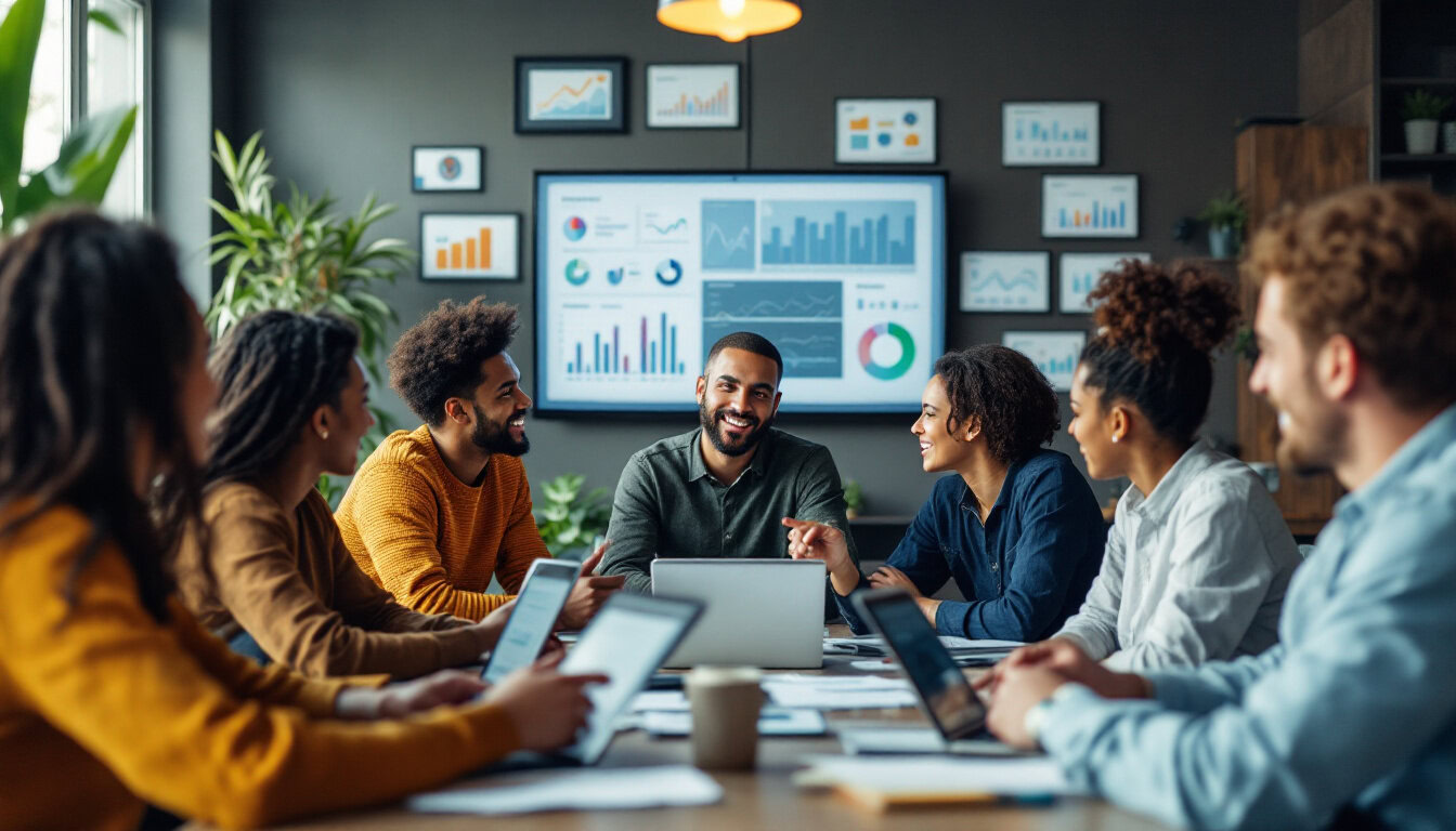 A photograph of a diverse group of individuals engaged in a collaborative brainstorming session