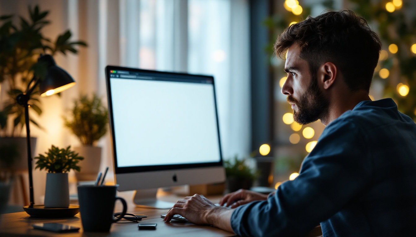 A photograph of a person sitting at a computer