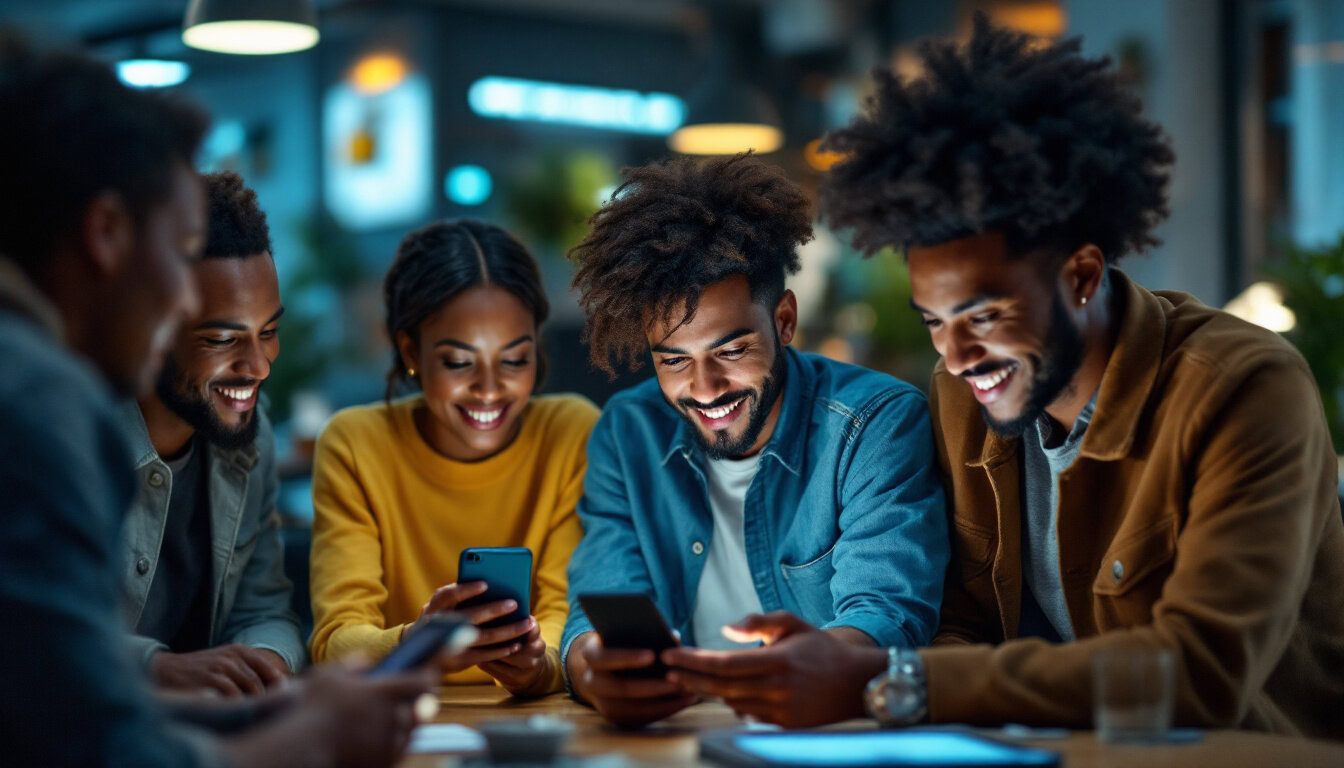 A photograph of a diverse group of people engaging with personalized digital ads on their devices