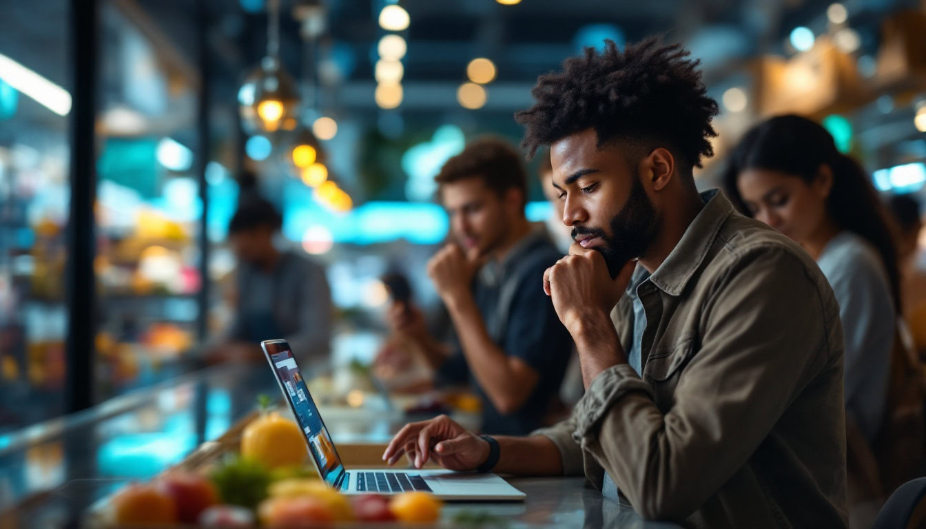 A photograph of a diverse group of shoppers engaged in the online shopping experience