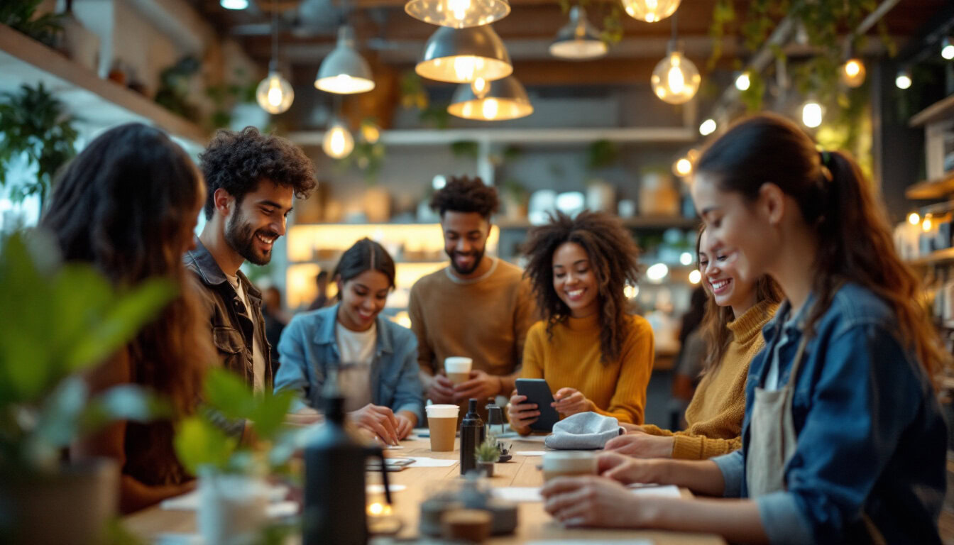 A photograph of a vibrant and engaging scene showcasing a diverse group of consumers interacting with a direct-to-consumer product