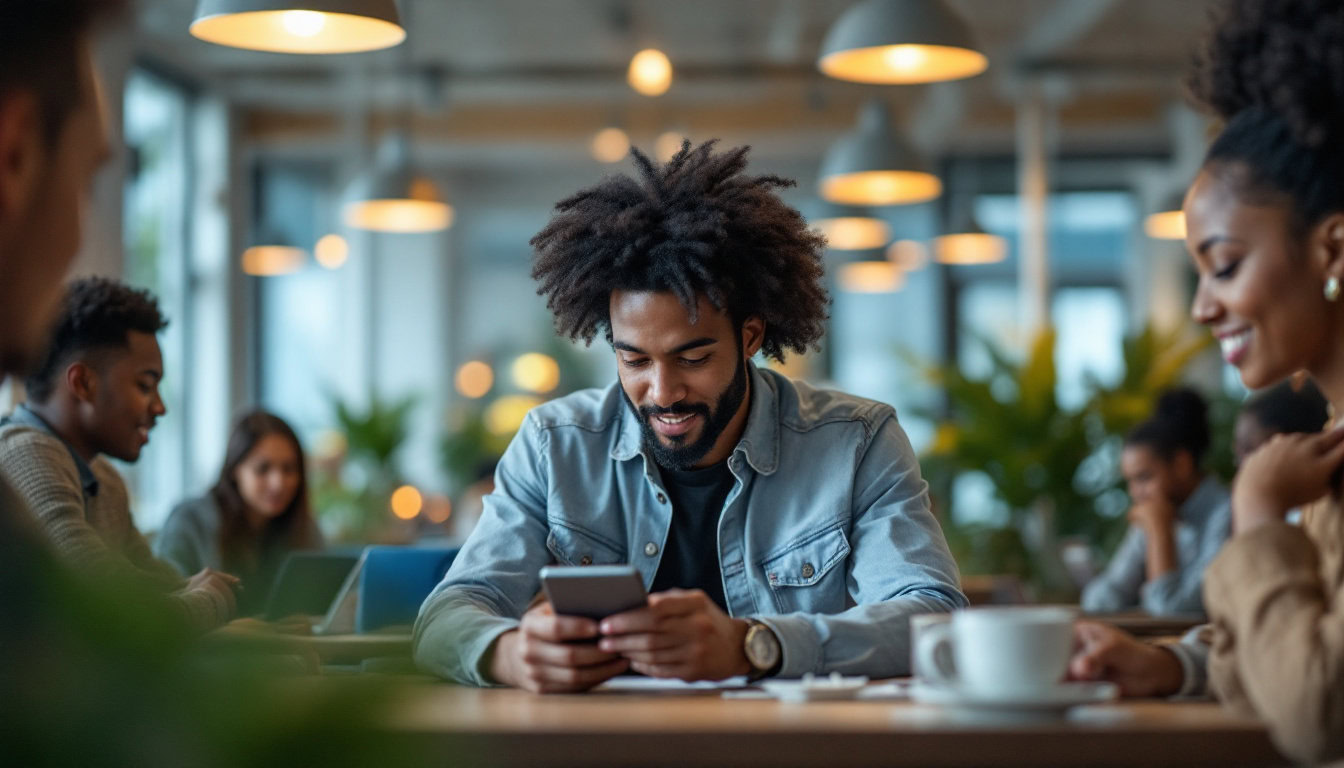 A photograph of a diverse group of people engaging with digital devices in a vibrant