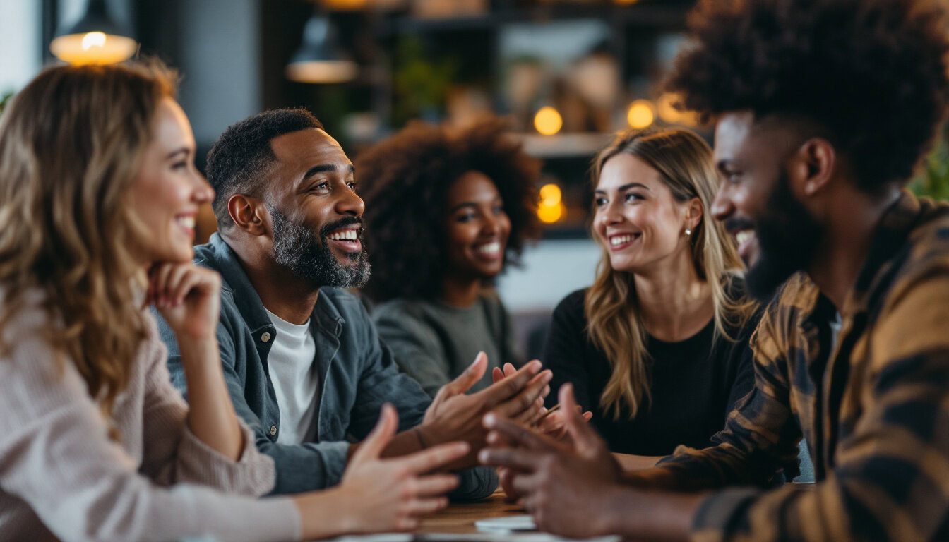 A photograph of a diverse group of people engaged in a lively discussion