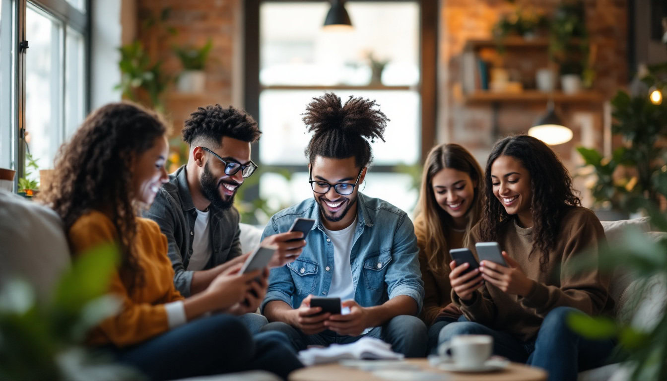 A photograph of a diverse group of individuals engaging with digital devices