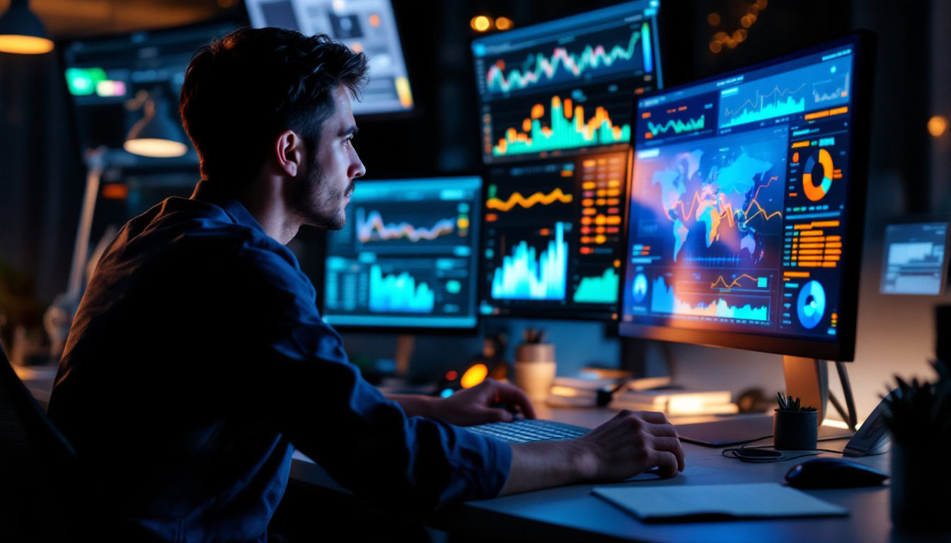 A photograph of a focused professional analyzing data on a computer screen