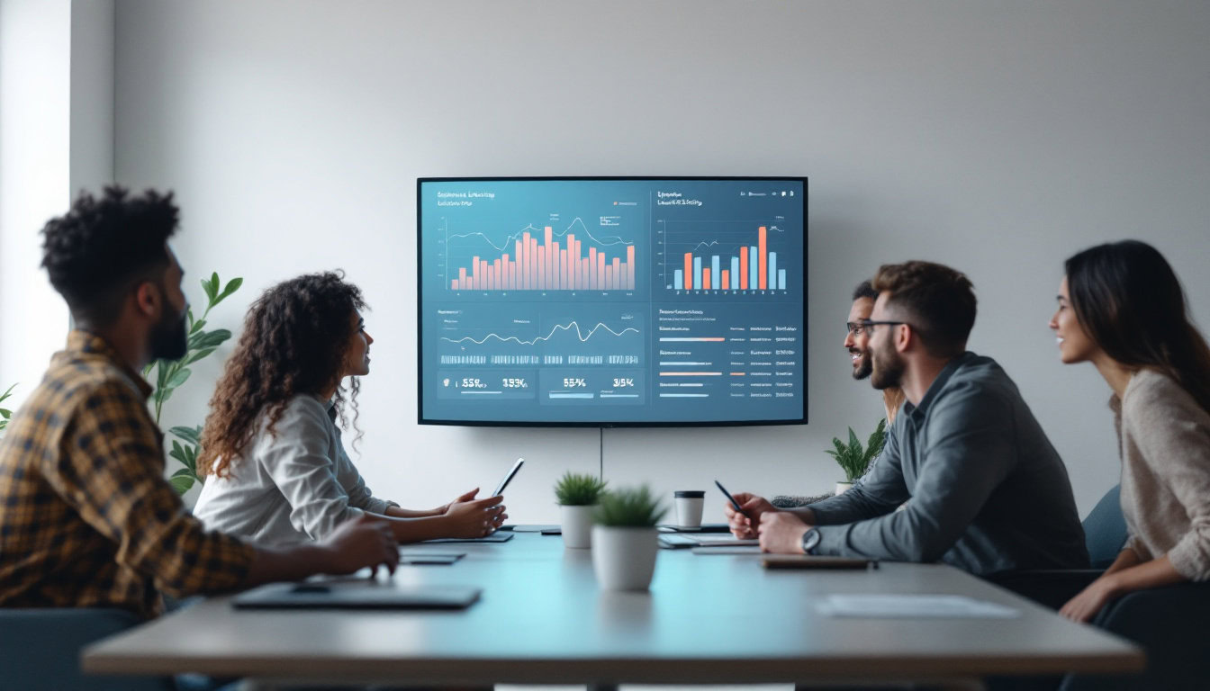 A photograph of a professional setting where a diverse team is engaged in a lively discussion around a digital dashboard displaying dynamic lead scoring metrics