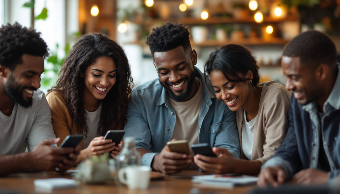 A photograph of a diverse group of people interacting with digital devices in a lively environment