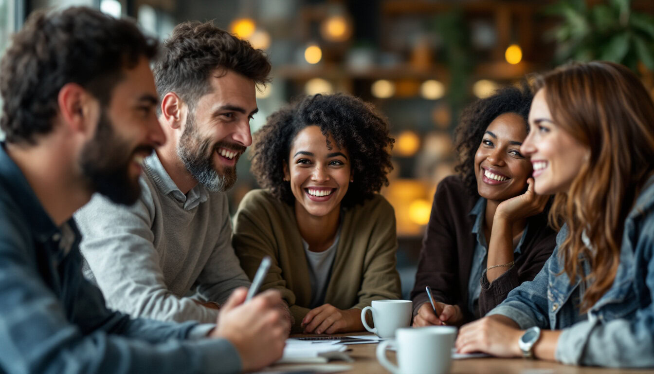 A photograph of capture a photograph of a diverse group of people engaged in a collaborative discussion or brainstorming session