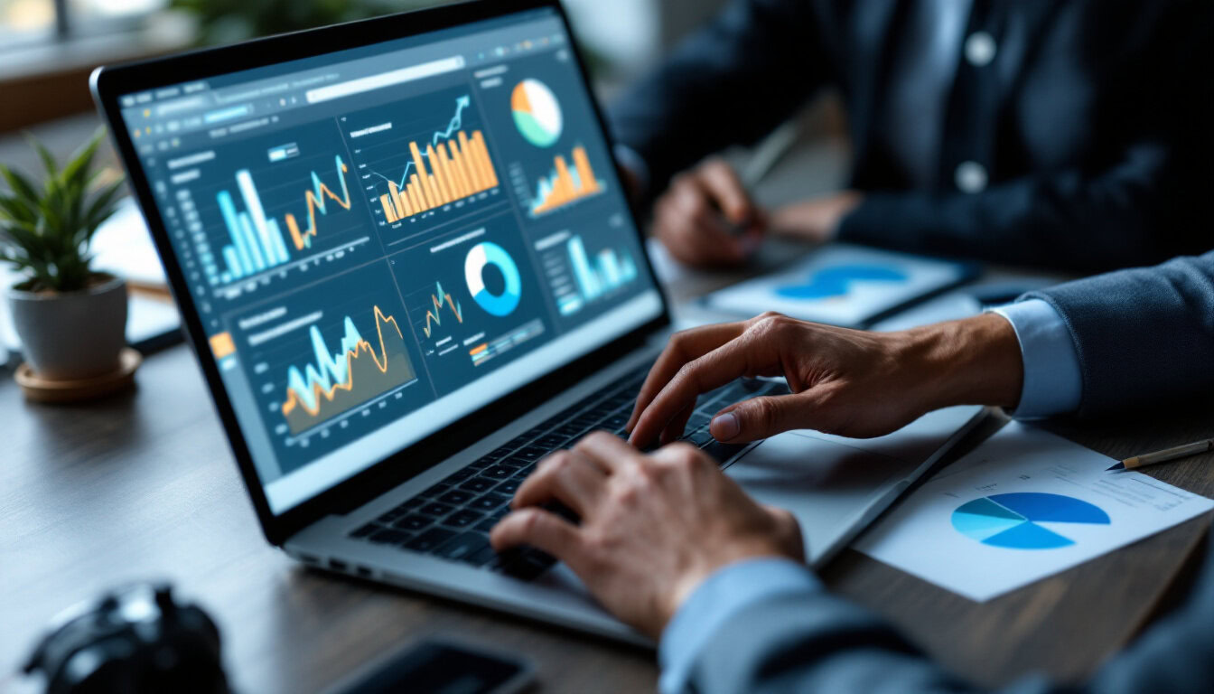 A photograph of a business professional analyzing data on a laptop