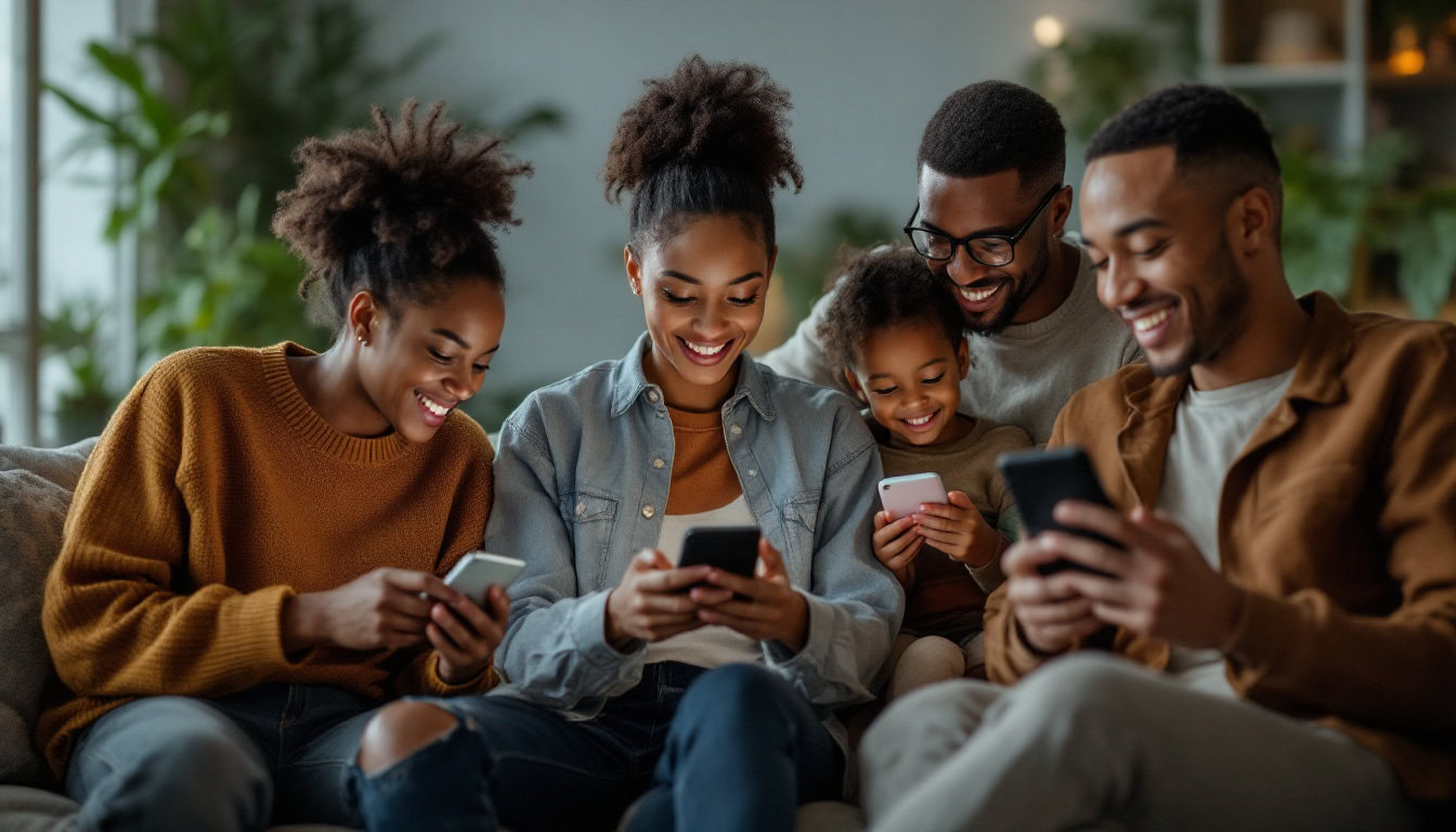 A photograph of a diverse group of people engaged in various activities on their devices