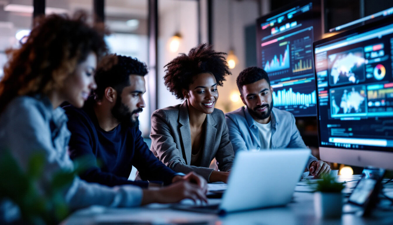 A photograph of a diverse group of professionals collaborating over digital devices