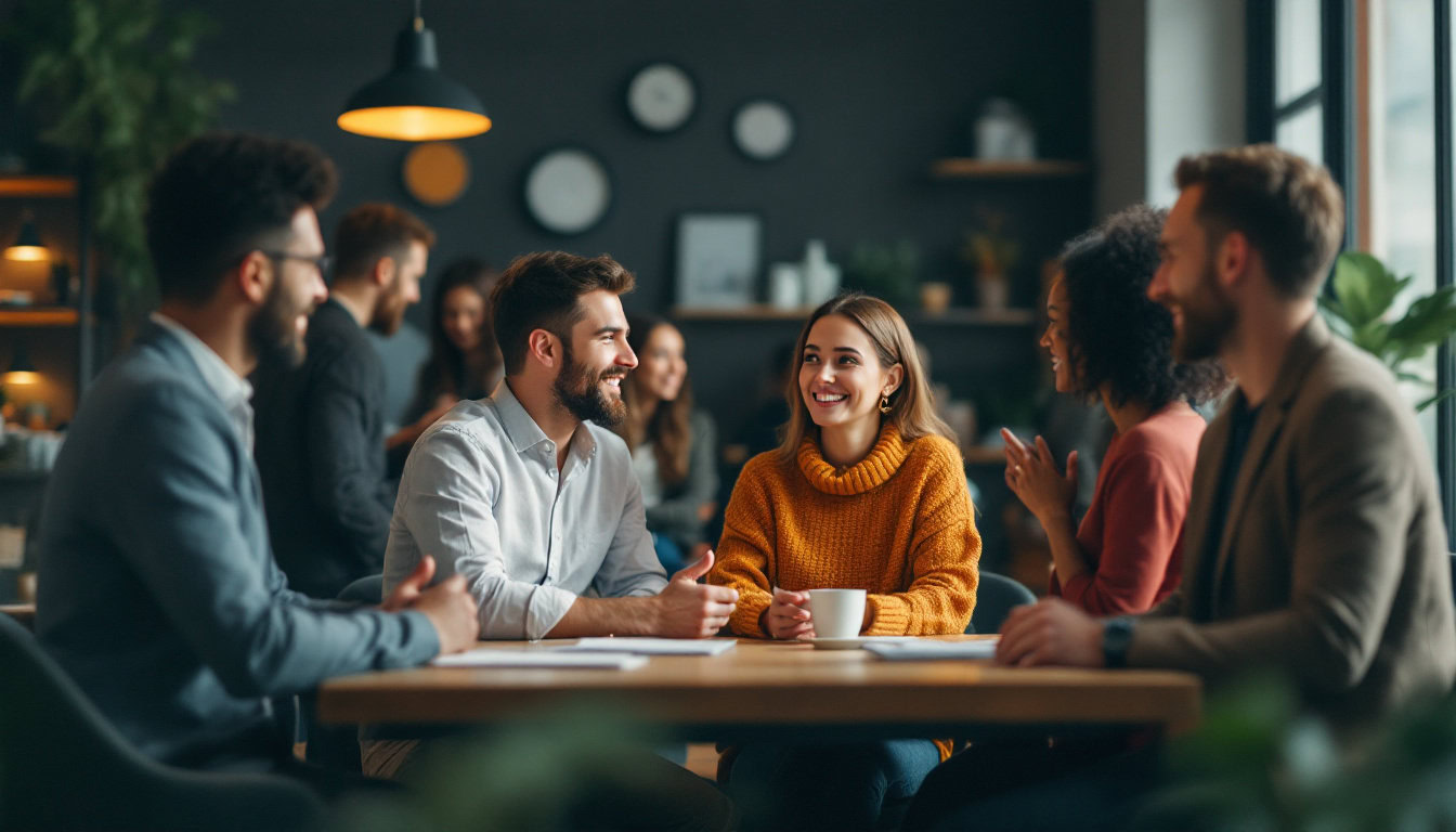 A photograph of a diverse group of people engaged in various stages of interaction