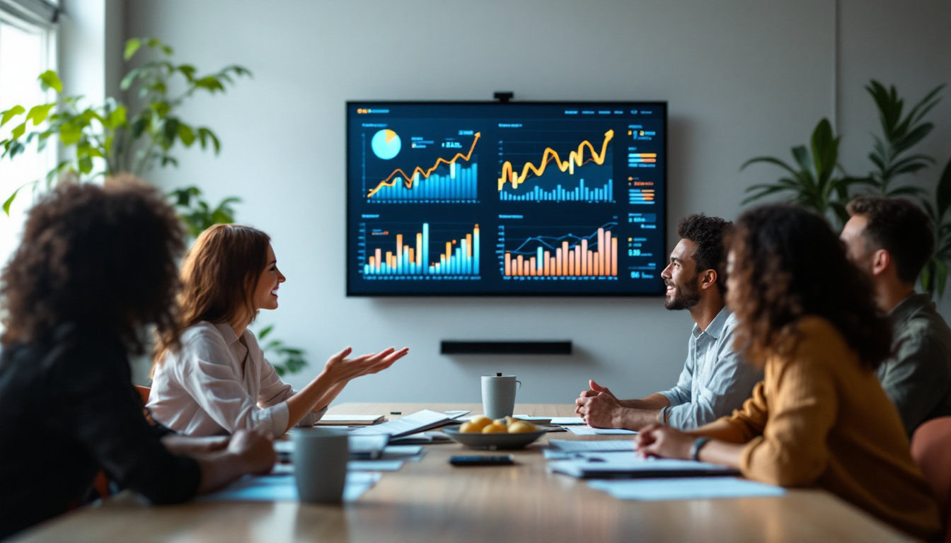 A photograph of a diverse group of people engaged in a lively discussion around a digital screen displaying data analytics