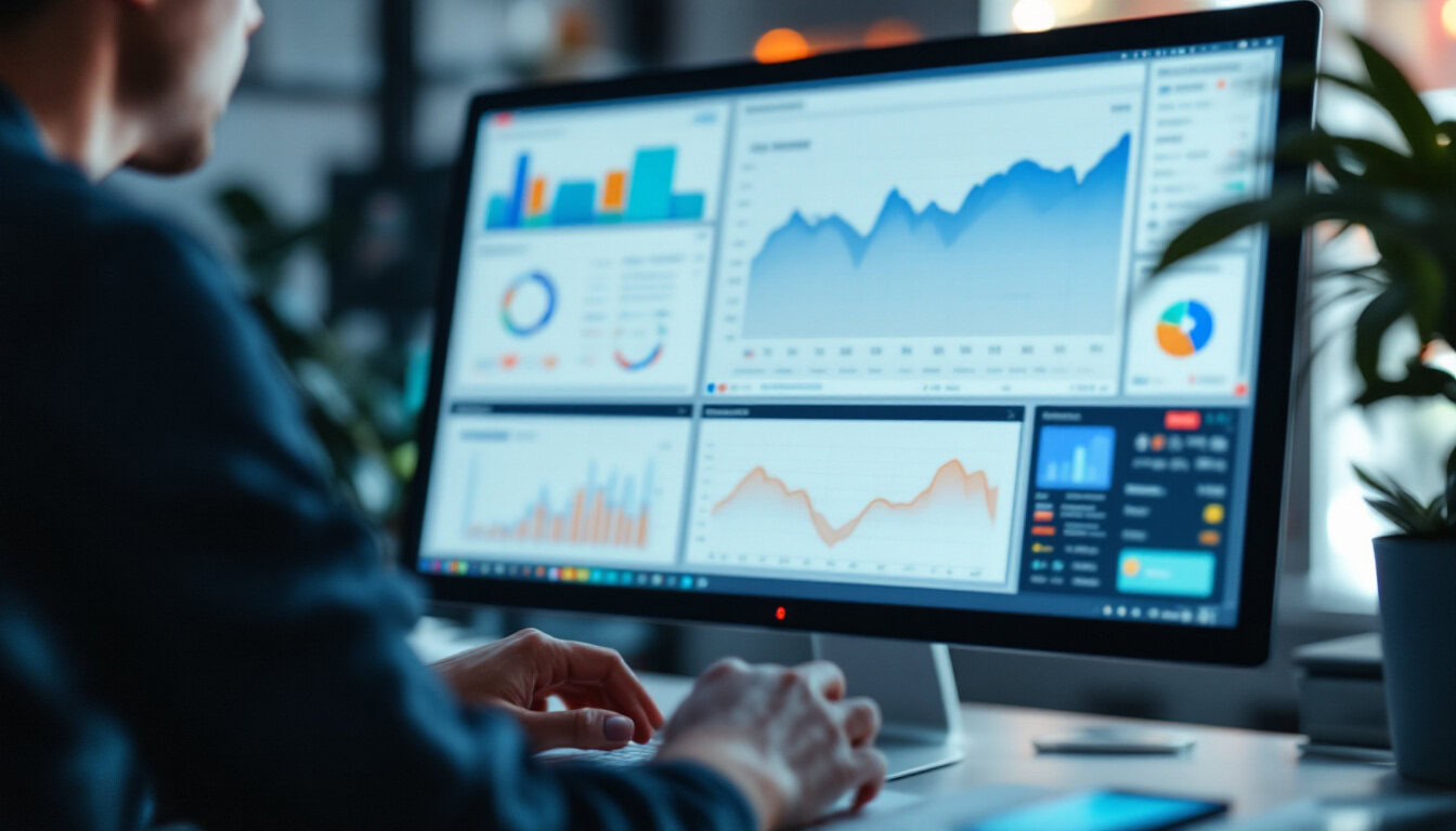 A photograph of a digital marketer analyzing data on a computer screen