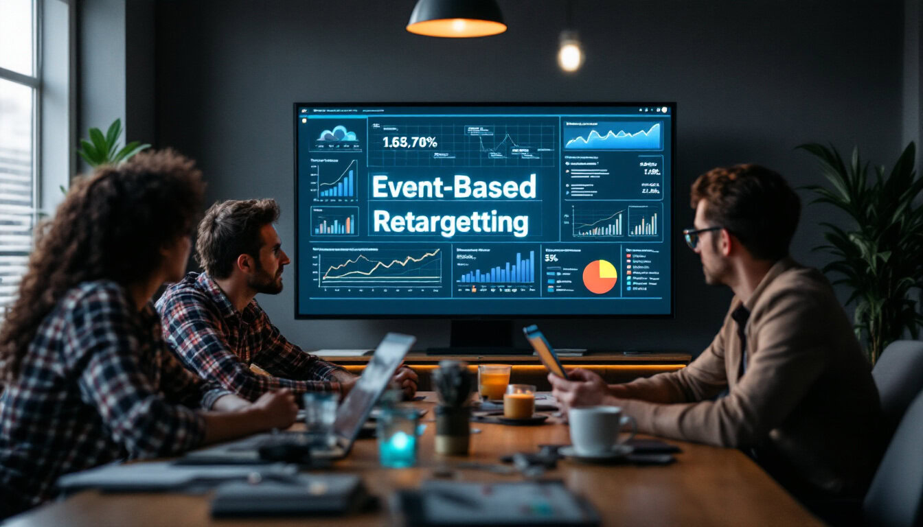 A photograph of a focused marketing team brainstorming ideas around a digital display showcasing event-based retargeting strategies