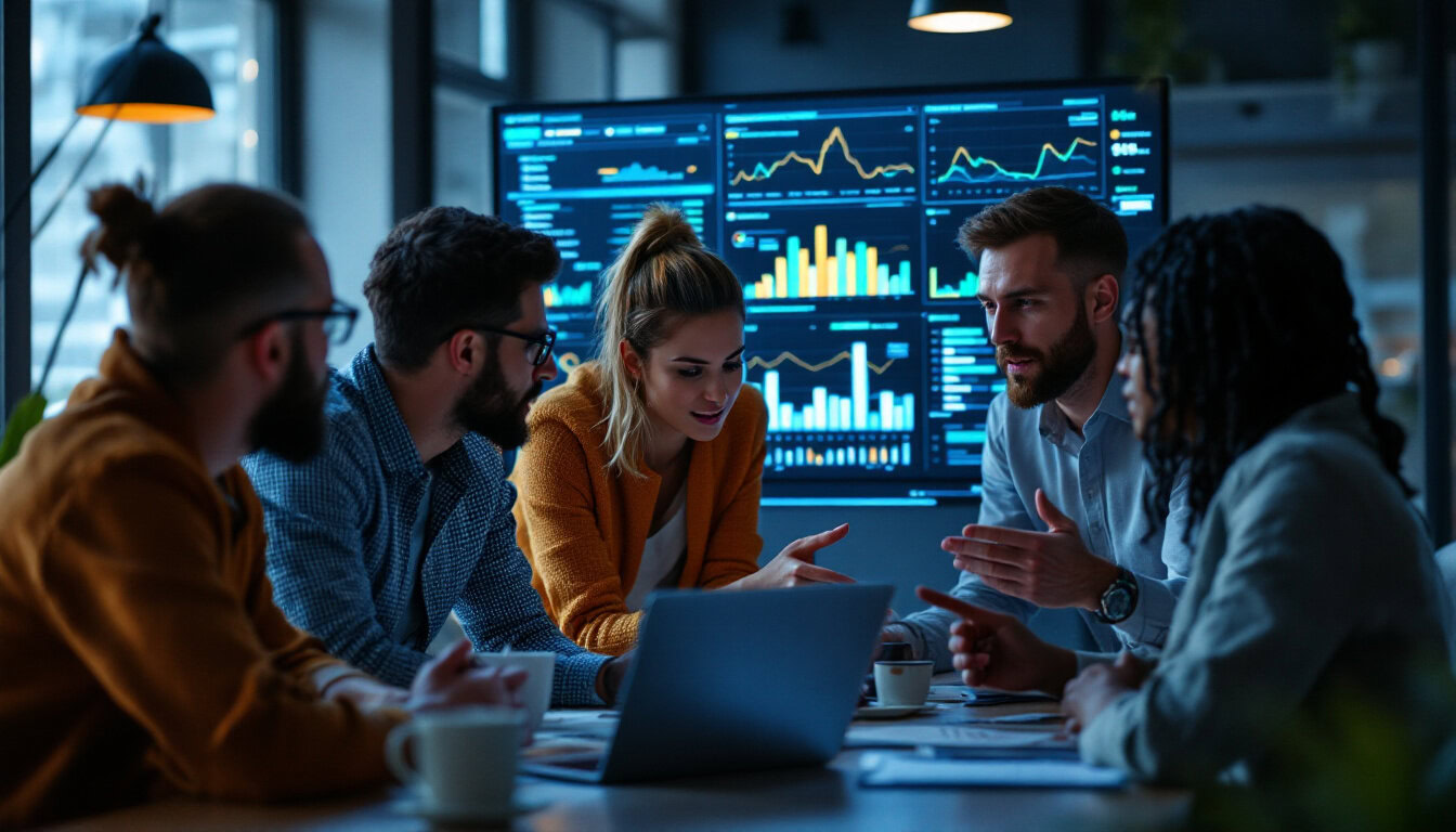 A photograph of a diverse group of professionals collaborating around a digital dashboard