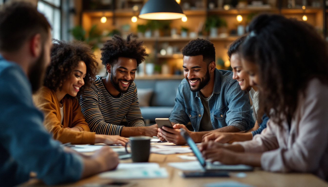 A photograph of a diverse group of people engaging in a collaborative brainstorming session