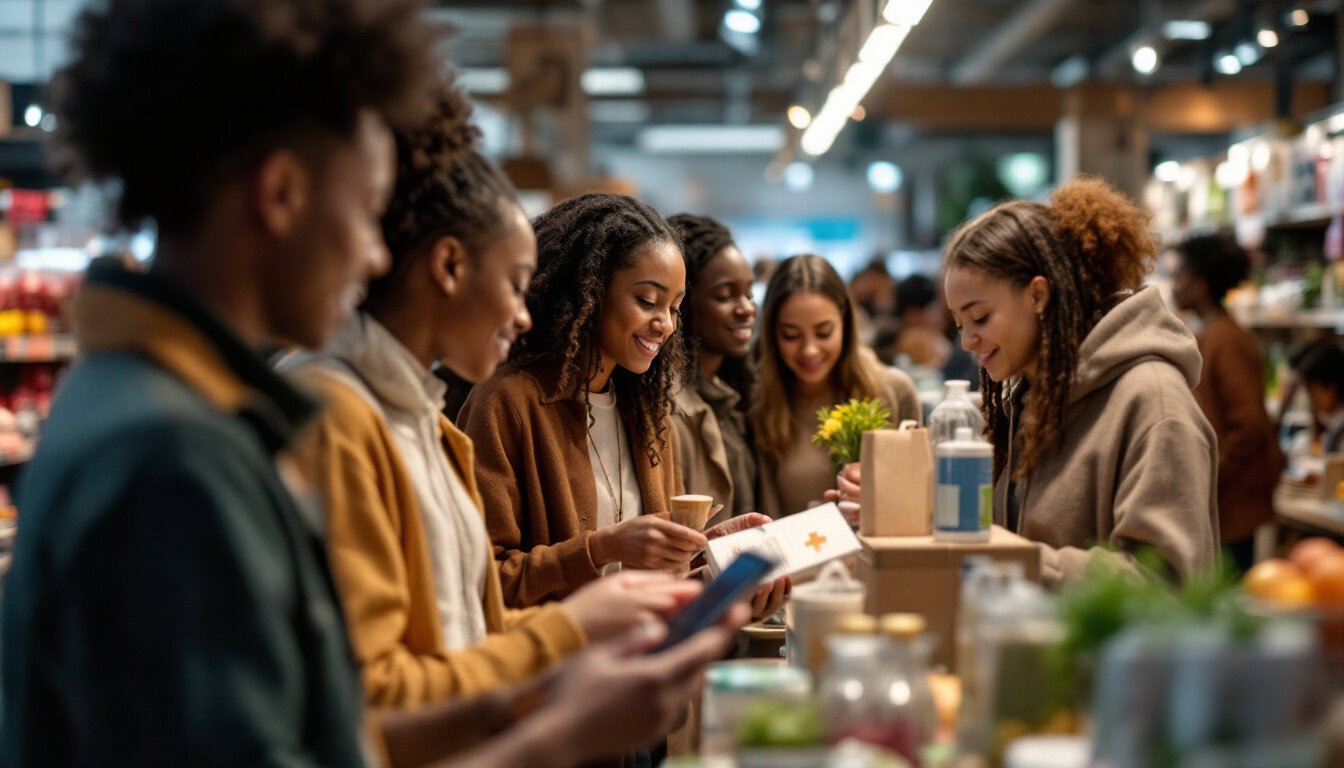 A photograph of a diverse group of consumers engaging in a shopping experience