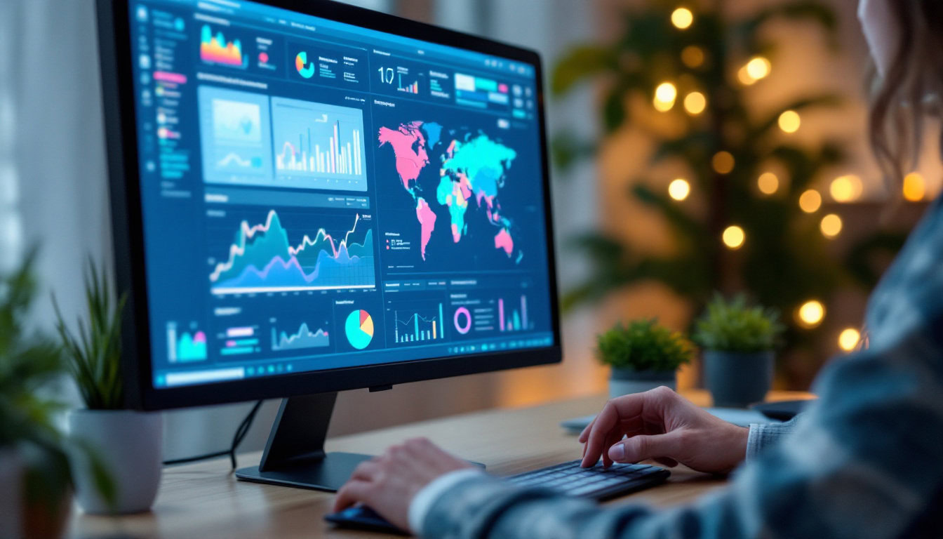 A photograph of a person engaging with a computer screen displaying data visualizations and analytics