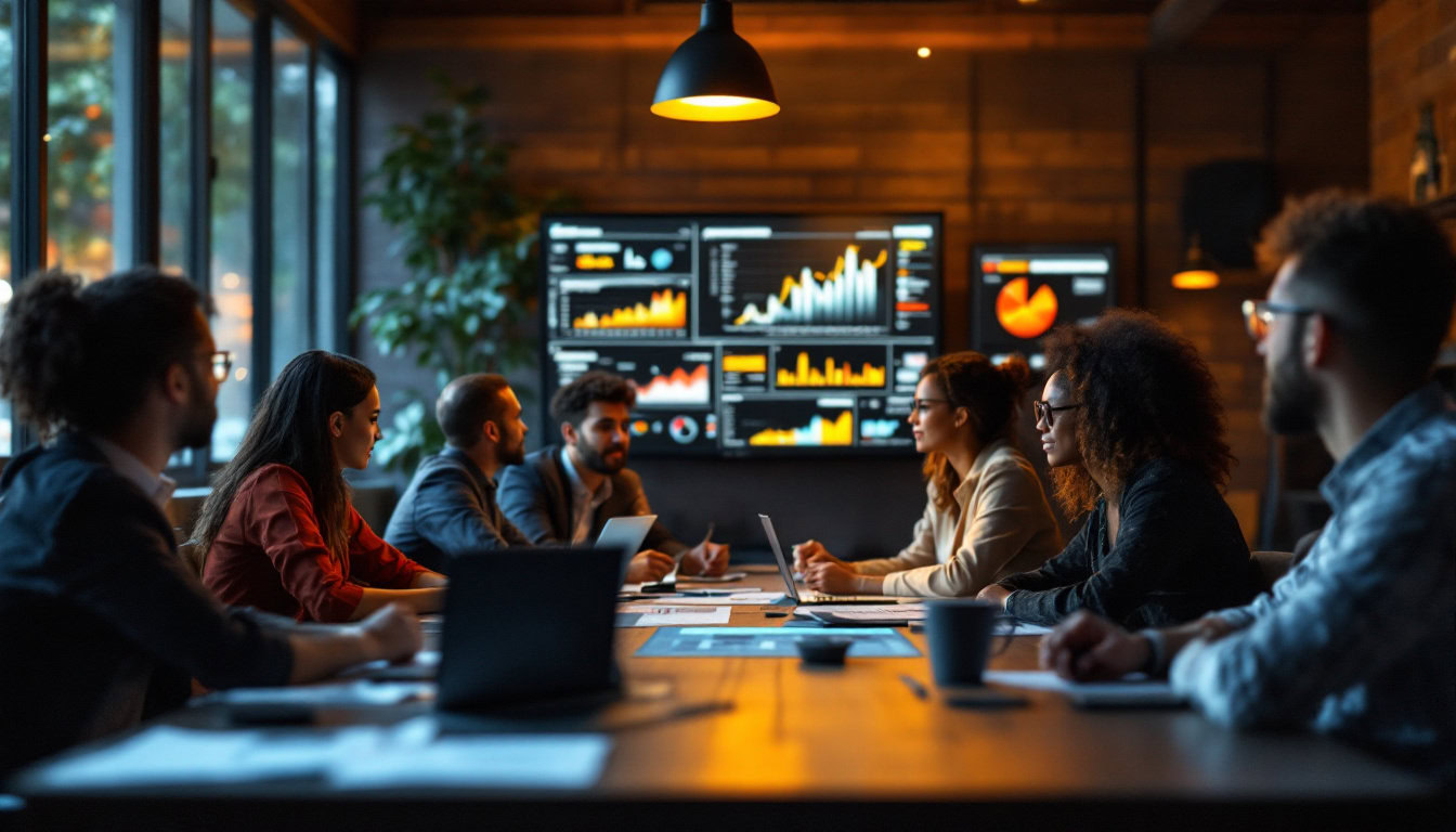 A photograph of a diverse group of professionals engaged in a collaborative brainstorming session