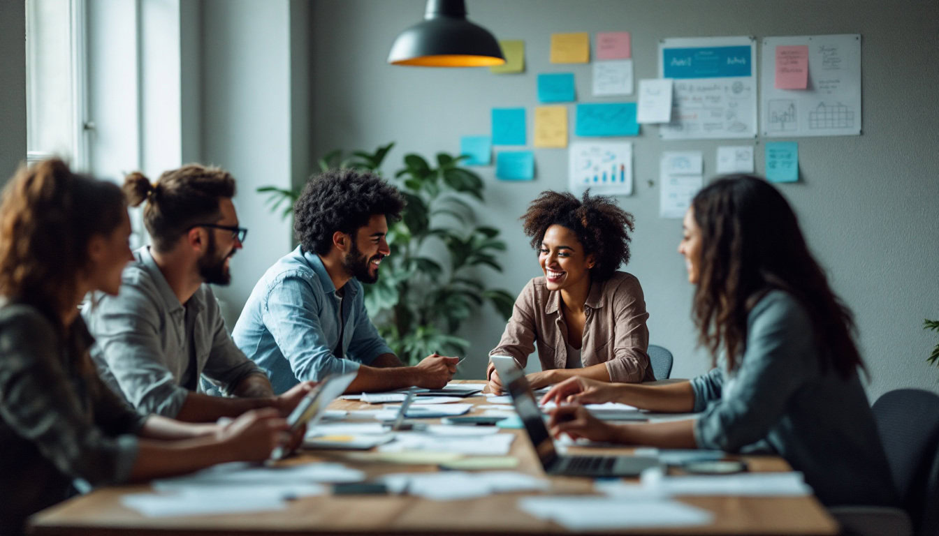 A photograph of a diverse group of people engaged in a dynamic brainstorming session