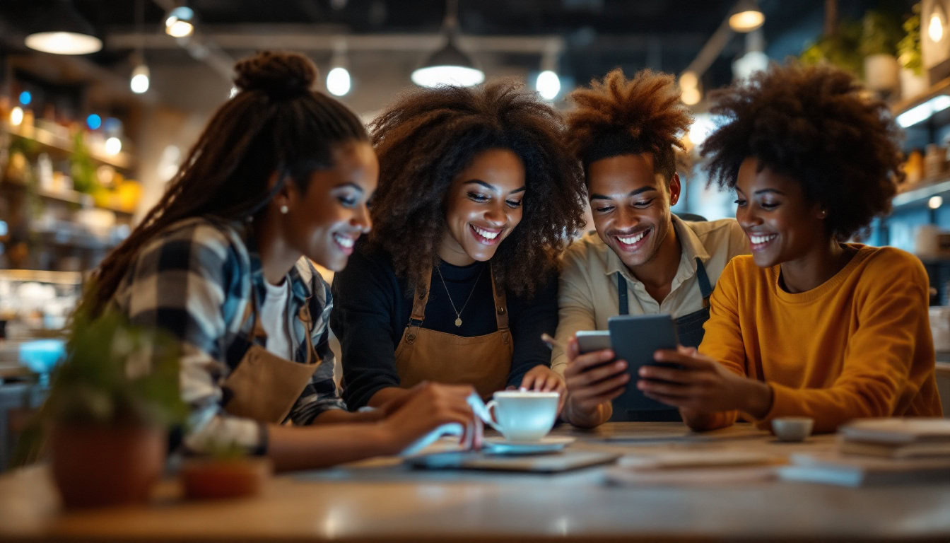 A photograph of capture a photograph of a diverse group of customers interacting with a digital interface