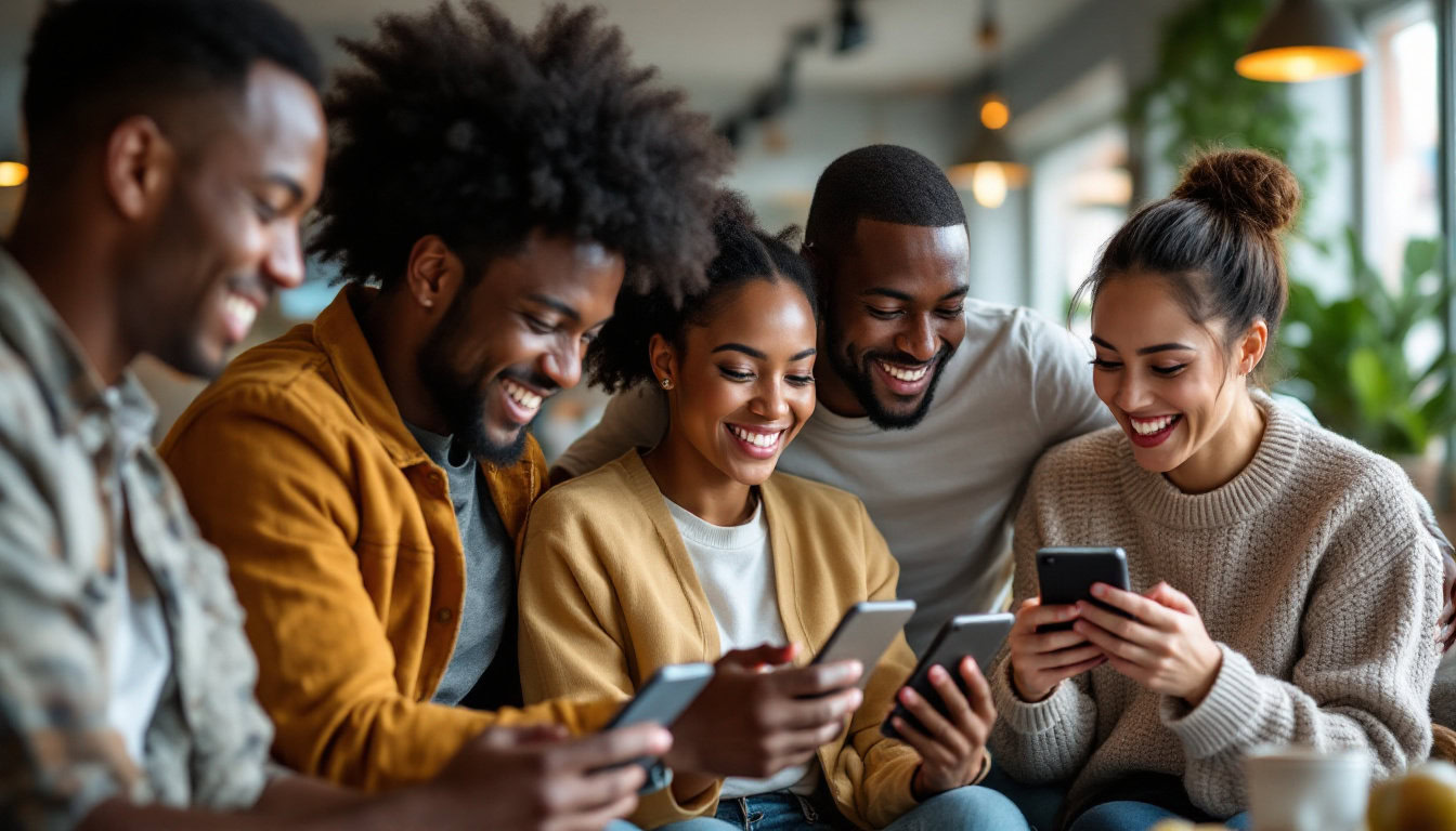 A photograph of a diverse group of engaged customers interacting with a brand's loyalty program on their devices