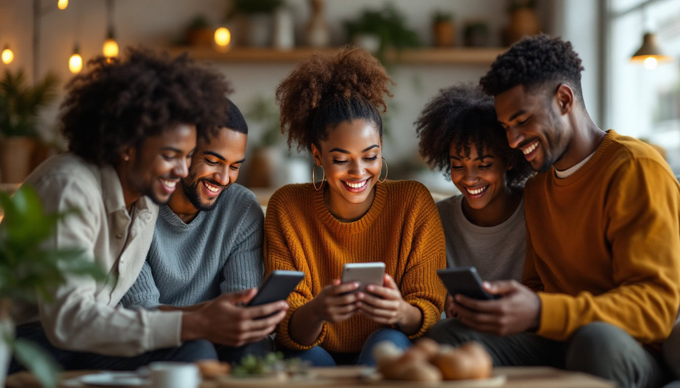 A photograph of a diverse group of consumers interacting with various digital devices in a cozy