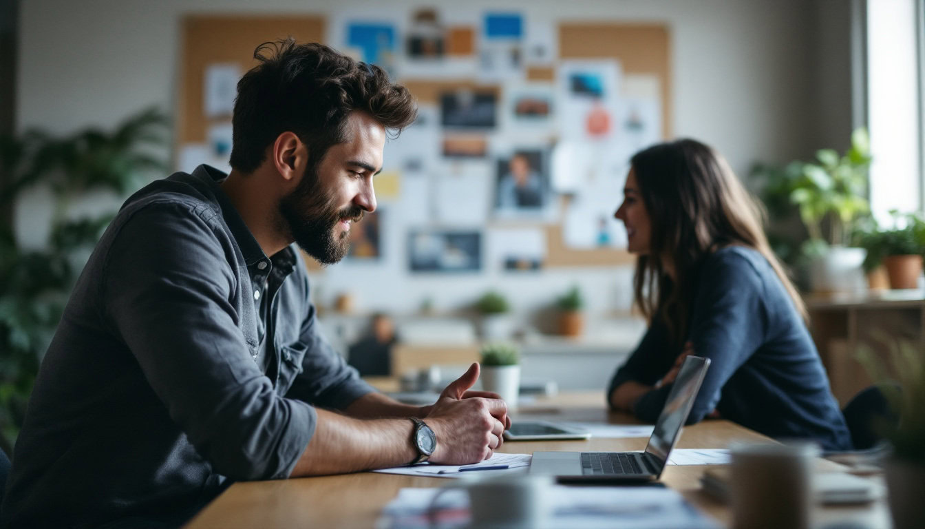 A photograph of a focused photographer engaging with a client during a creative brainstorming session