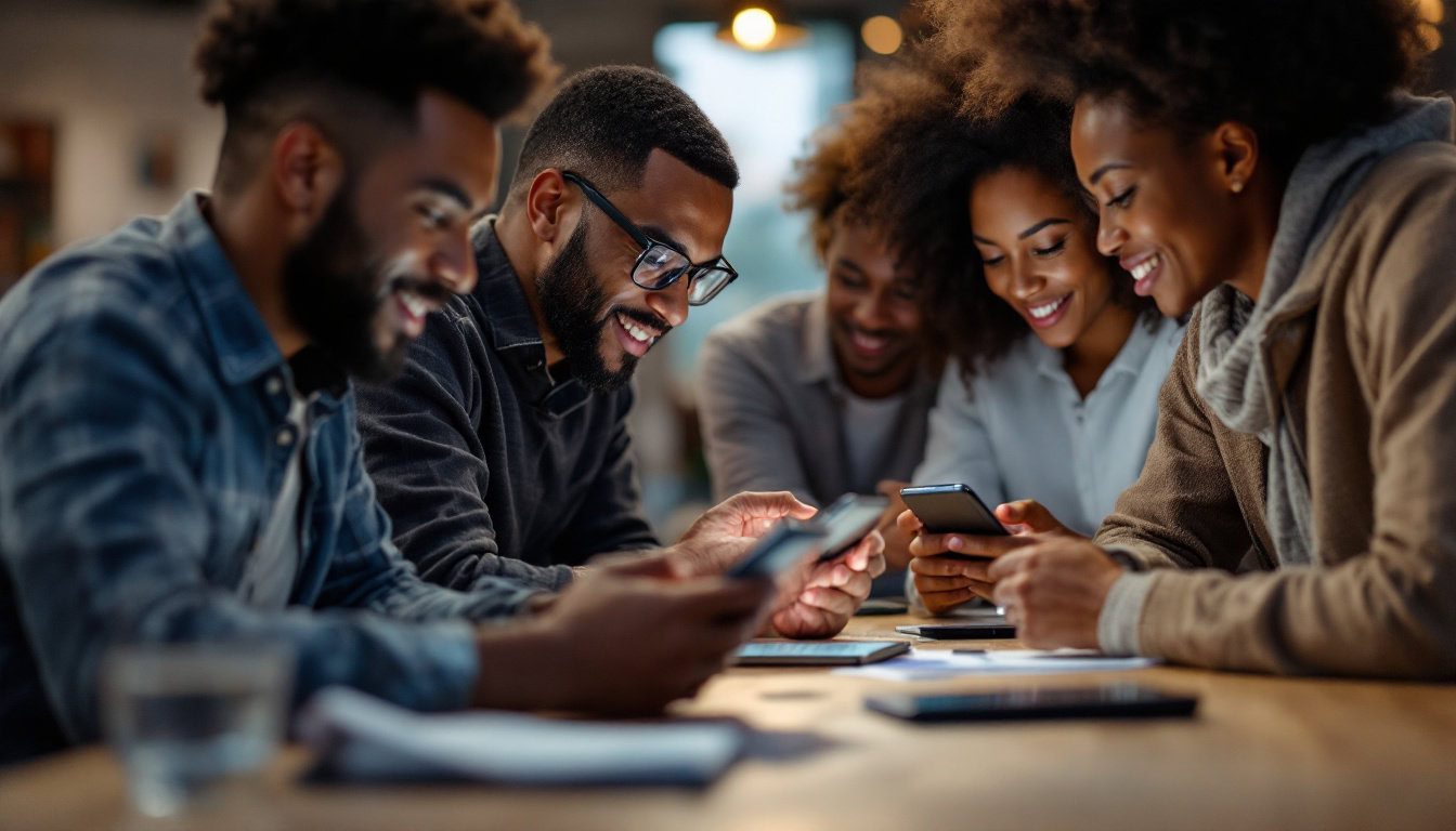 A photograph of capture a photograph of a diverse group of people engaging with various devices—such as smartphones