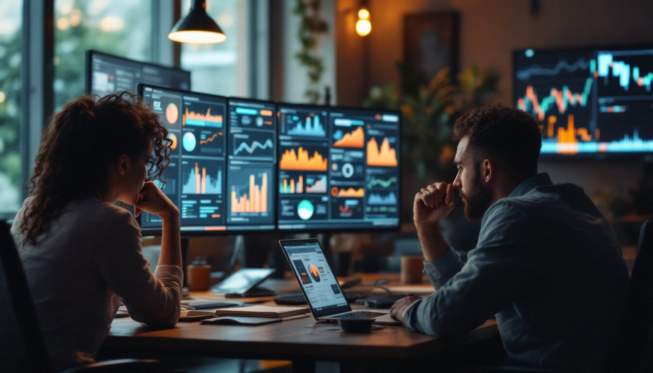 A photograph of a focused marketing team analyzing data on digital screens