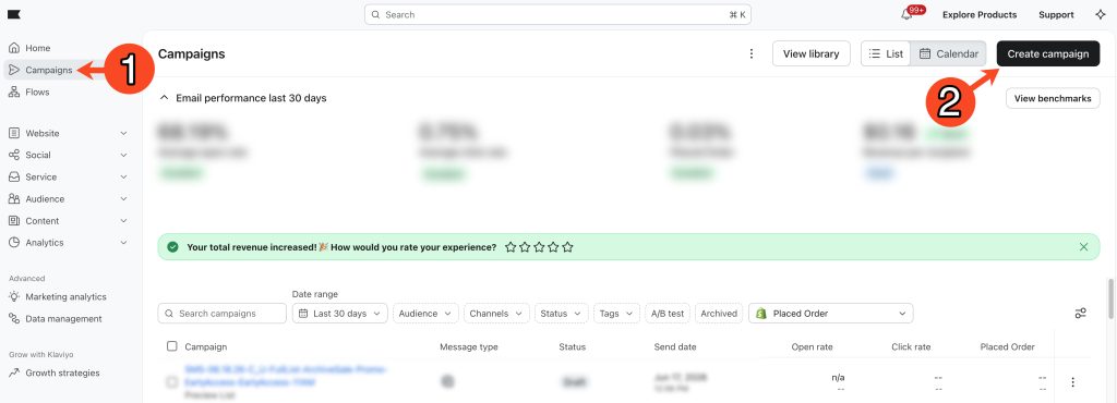 Step 1.1 for Klaviyo Omnichannel Campaigns: Create a new campaign in Klaviyo.