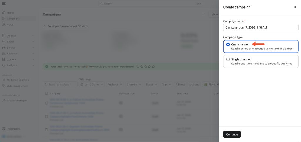 Step 1.2 in Klaviyo Omnichannel Campaigns: Create a new Omnichannel campaign.