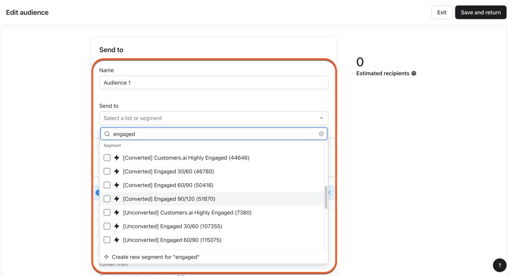 Step 2.2 in Klaviyo Omnichannel Campaigns: Choose the audience segment in Klaviyo you’d like to send to, for example, your engaged audience segment.