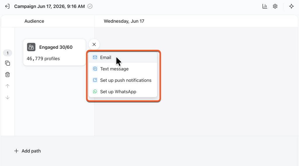 Step 3.1 in Klaviyo Omnichannel Campaigns: You might start by adding an email message.