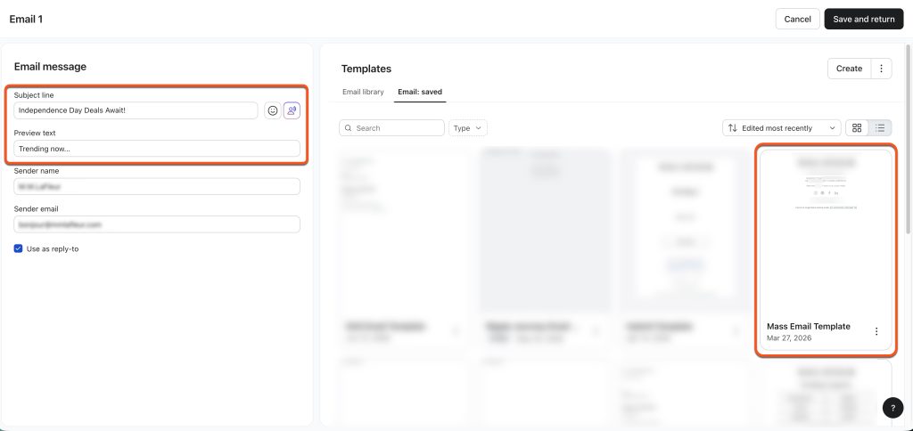 Step 3.2 in Klaviyo Omnichannel Campaigns: Craft the email subject line, select the email template, and customize the content.