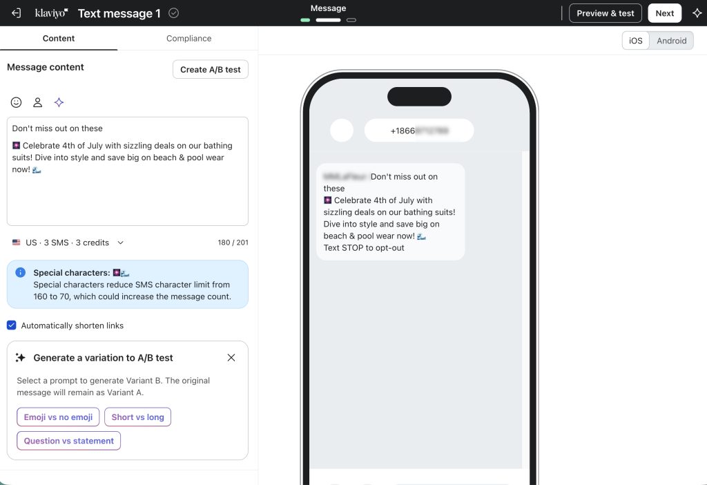 Step 3.3 in Klaviyo Omnichannel Campaigns: Then you might add an SMS message to the omnichannel campaign sequence.