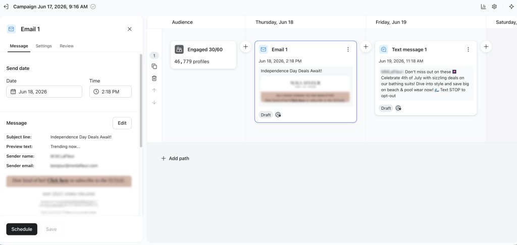Step 3.4 in Klaviyo Omnichannel Campaigns: Here’s what the campaign builder looks like when you have multiple messages in the journey.